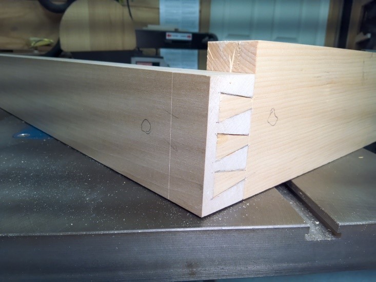 Completed bed frame dovetail joint before glueup