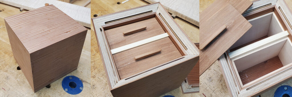 A small cube, veneered in old-growth redwood. Inside drawers shown.