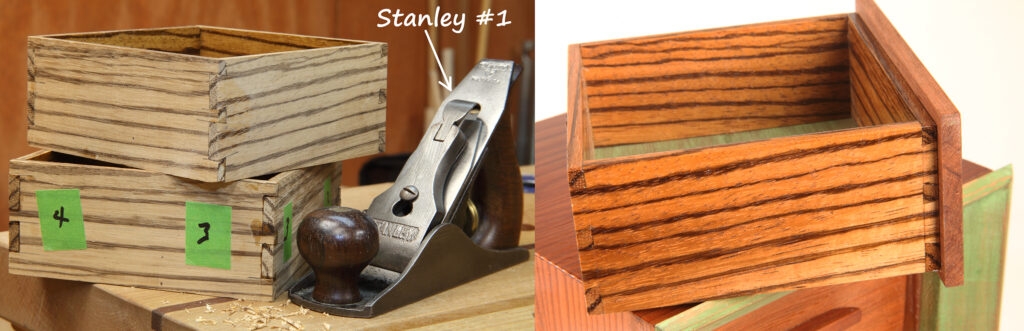 Assembled dovetail drawers ready for finishing sitting next to a Stanley #1 hand plane